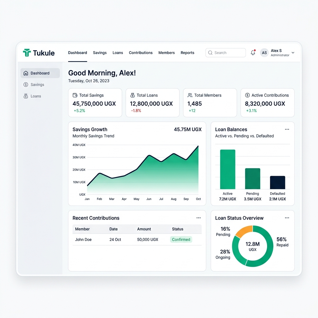 Tukule Dashboard Mockup showing UGX balances